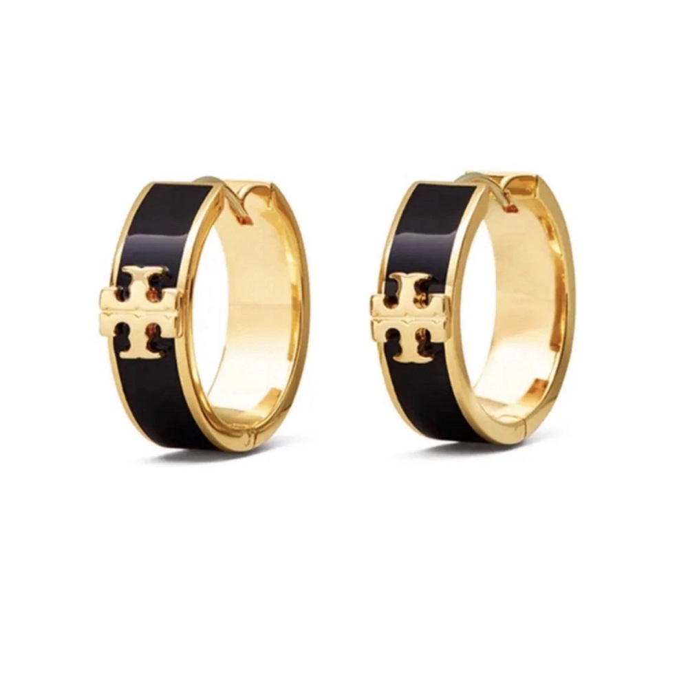 Tory Burch Hoop KIRA HUGGIE EARRINGS black and gold - Picture 9 of 11